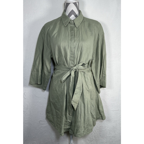 Zara Dresses & Skirts - Zara Tunic Top Womens Size Lg Green Linen Blend Belted Tie Back Button Front